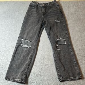 Shein Jeans Womens M Black Distressed Straight Leg High Rise Wide‎ Leg Jeans